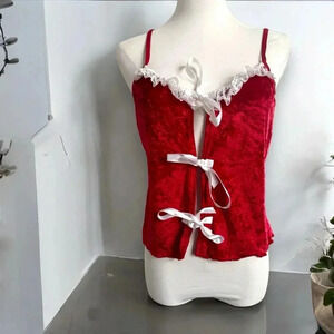 Y2K vintage Red Velvet Lace Trimmed Camisole with ribbons coquette cottagecore L